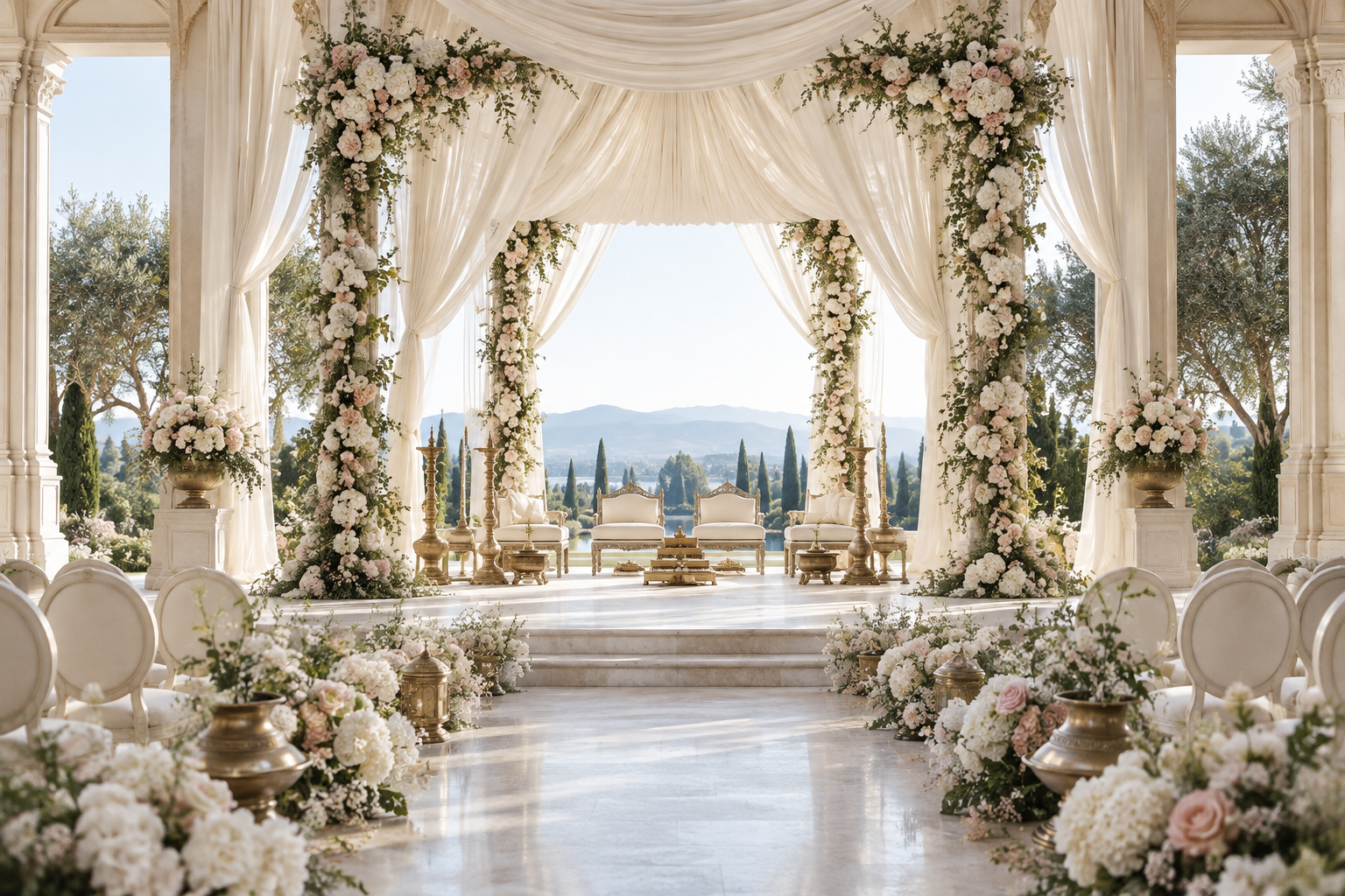 AI concept: ivory floral mandap beneath flowing drapery