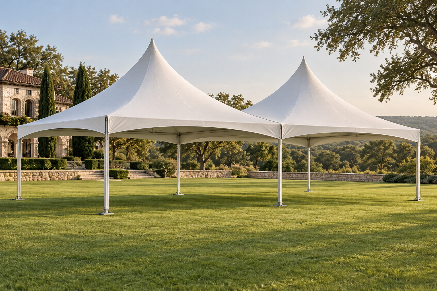 AI illustration of an open-sided white dual-peak event tent on a lawn