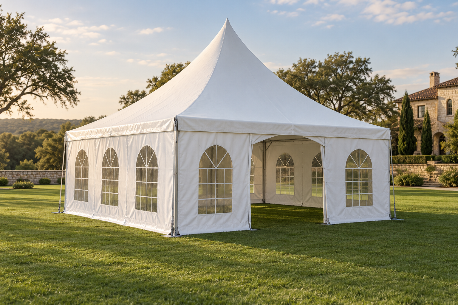 Original AI illustration of 20 × 20 Tent with Sidewalls; actual supplier equipment may differ